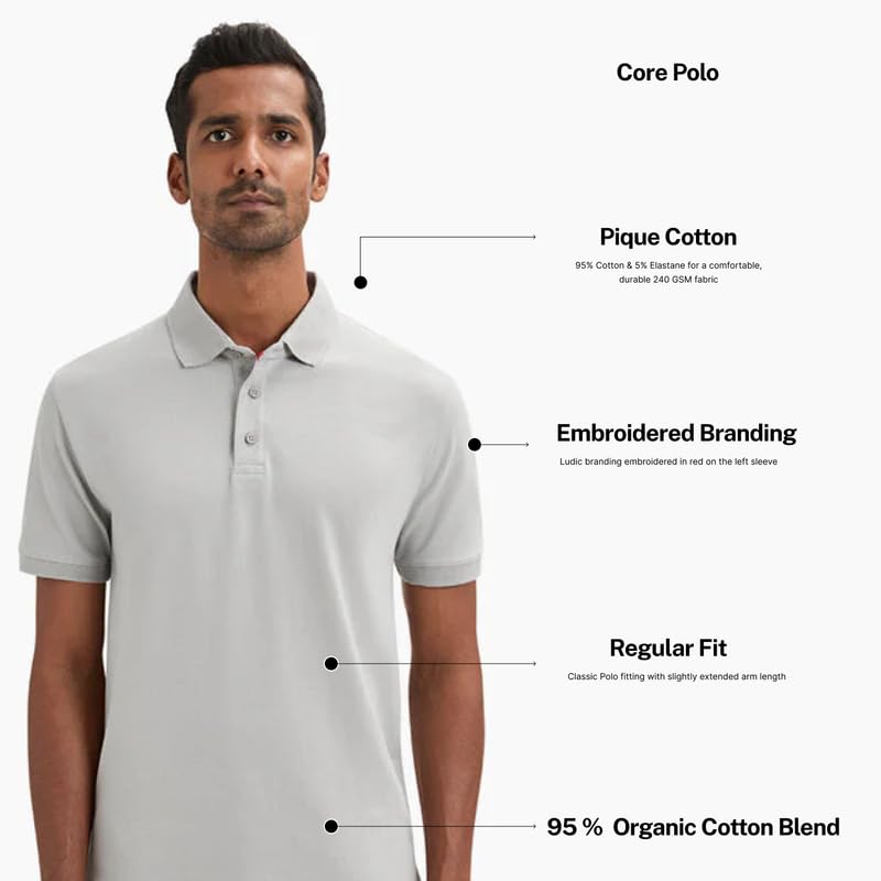 Image of LUDIC Core Polo T-Shirt, Dailymove Collection | Regular Fit | Stand-up Collars | 100% Organic Cotton, 240 GSM | Lightweight & Comfortable |Everyday Essential | Polo T-Shirt for Men