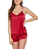 Ekouaer Sleepwear Womens Sexy Lingerie Satin Pajamas Cami Shorts Set Nightwear Red
