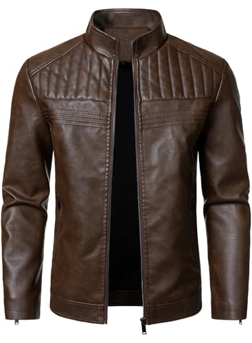 HOOD CREW Mens Leather Jackets Faux PU Leather Motorcycle Jacket Stand Collar Biker Coat Outwear with Zipper Pockets Coffee M