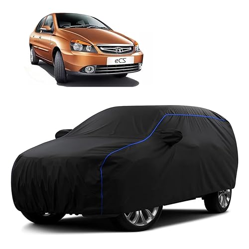 Image of Sulfar 100% Water Resistant Car Body Cover Compatible with Mirror for Tata Indigo ECS (Triple Stitched, Full Bottom Elastic, Black Tafetta with Blue Piping)