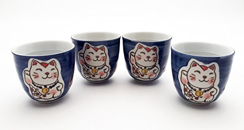 Japanese Lucky Cat Maneki Neko Tea Set Ceramic Teapot With Rattan Handle And 4 Tea Cups (Blue) #TOP4