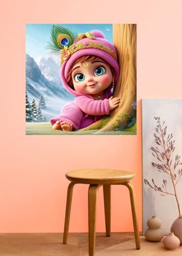 Image of Akki Wold Cute Eyes Pink Krishna Back Snow Mountain Wall Poster For Living Room, Office, Pooja Room (Size - 46CM X 46CM)