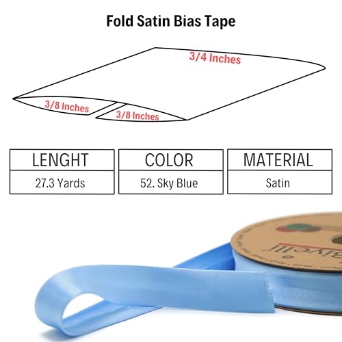 Image of Fold Satin Bias Tape - 99+ Colors - 3 /4 Inches Wide - 27 Yards - Fold Satin Binding Bias Ribbon Fabric Piping Bias Binding Tape for Sewing Clothing DIY (52. Sky Blue) BYS52