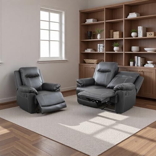 Image of Leather Recliner Sofa Set, Living Room Furniture Set, Adjustable Backrest Reclining Loveseat Sofa with Storage Console & Cup Holders, Manual Recliner Chair for House, Home Theater, Black