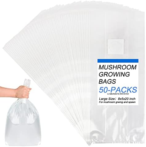 zwxt 50 Pieces Mushroom Grow Bags, Mushroom Spawning Bags, Autoclave Resistant Bags - 0.2 Micron Filtration - Large Extra Thick 8"x5"x20" Mycobag Grow Kit - 6 Mil Thick Tear Resistant