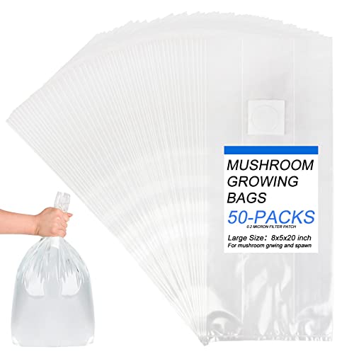 Zwxt 50 Pieces Mushroom Grow Bags, Mushroom Spawning Bags, Autoclave Resistant Bags - 0.2 Micron Filtration - Large Extra Thick 8"X5"X20" Mycobag Grow Kit - 6 Mil Thick Tear Resistant #TOP2