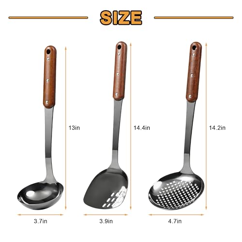 FJNATINH Stainless Steel Wok Spatula,Ladle,Skimmer Ladle Tool Set,Mirror Polished Cooking Utensils with Wooden Handle,Easy to Clean Wok Accessories,Black 3 PCS - Image 4