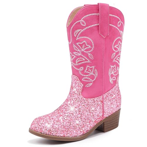 LAURMOSA Girls Pink Sparkle Cowboy Boots Kids Western Boots for Little Girls Childrens Cowgirl Boots Classic Embroidered Zip Pointed Toe Horse Riding Dance Party Size 1 Big Kids(L1051SePink 1)