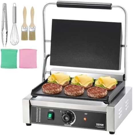 VEVOR Commercial Panini Grill, 1800W Electric Sandwich Panini Maker, Stainless Steel Sandwich Press Grill, Panini Grill with Temp Control & 14"x9" Full Flat Enamel Plate, for Hamburger Steak Bacon