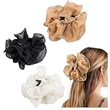 Framendino, 3 Pack Large Pleated Chiffon Hair Claw Clip Jaw Fabric Ribbon Flower Bow for Female Thick Curly Straight
