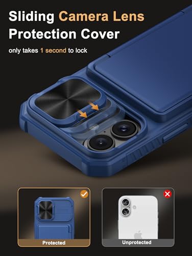 Image of Vihibii for iPhone 16 Wallet Case with Card Holder (4 Cards) [RFID Blocking] & Slide Camera Cover & Raised Edges Protect Screen, Shockproof Rugged Phone Case for iPhone 16 6.1 inch 2024, Blue