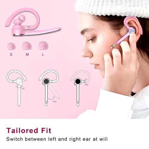 Image of HEIBAS Bluetooth Headset, Wireless Bluetooth Earpiece with 500mAh Charging Case 72 Hours Talking Time Built-in Microphone for iOS Android Cell Phone, V5.1 Hand-Free Headphones for Trucker, Office-Pink