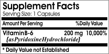 B-6 Vitamin 200mg ~ 200 Capsules - No Additives ~ Naturetition Supplements