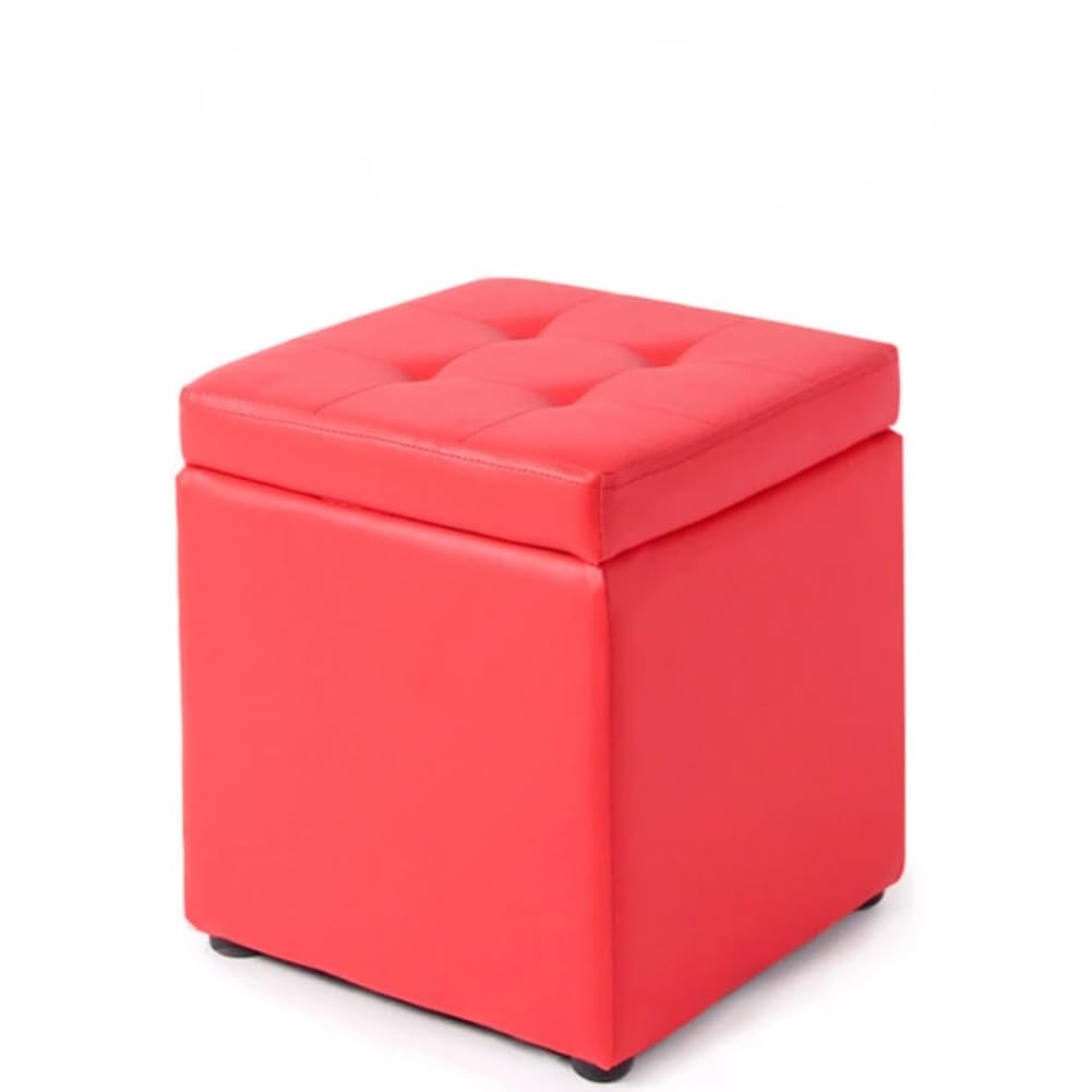 Bonded Leather Square Cube Storage Ottoman,12x12x14inch,Upholstered Foot Rest Stool with Hinged Lid,Faux Leather Footrest Ottoman Thicken Foam Padded Seat (Red)