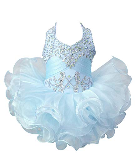 Junguan Baby Girls Halter Ruffles Crystal Cupcake Pageant Dress Short Birthday Party Ball Gowns Knee Length 4 US Baby Blue