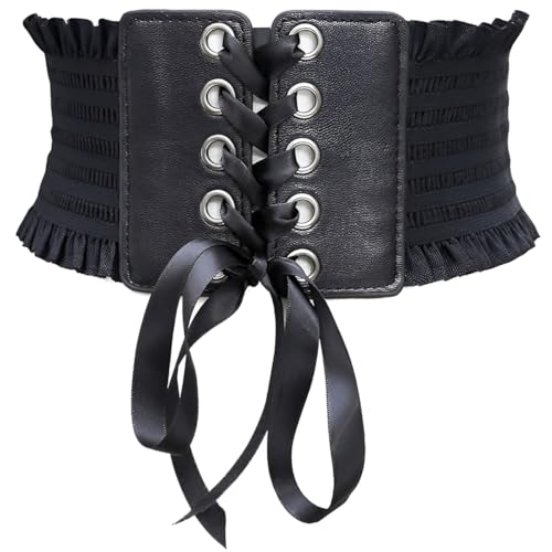 Kawailay Ceinture large en dentelle pour femme Ceinture large élastique à lacetsBande de taille corsetée pour robe – Noir