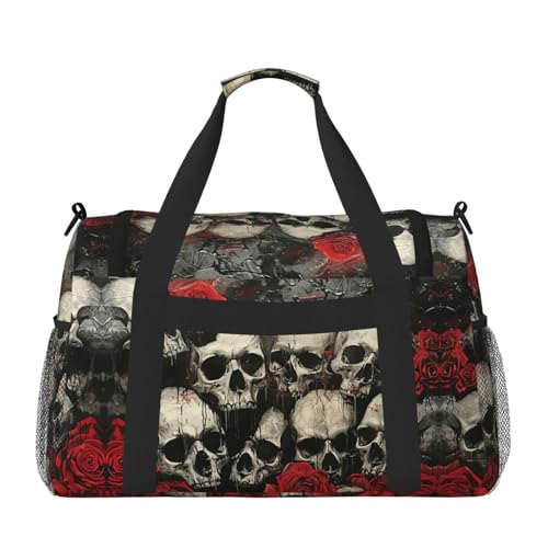 Skull And Red Rose Print Duffle Bag, Personal Item Travel Bag For Airlines, Weekender Bags For Women, Sports Tote Bag2