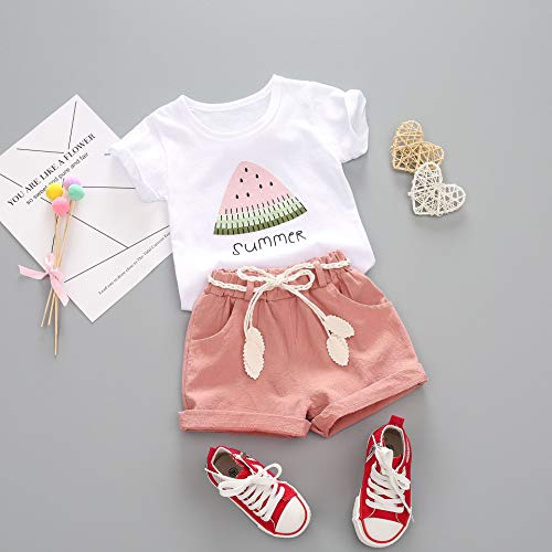Xfglck 1-4T Toddler Kids Baby Girls Summer Outfits Clothes Watermelon Print Tops + Shorts Pants with Belt Short Set (Pink Set, 4-5 y)