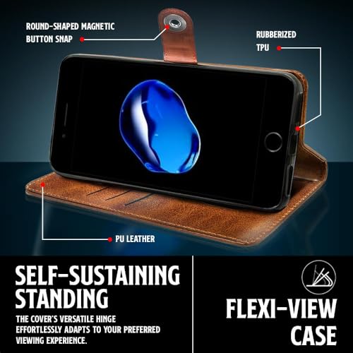Image of WOW IMAGINE Shock Proof Flip Cover Back Case for Apple iPhone 7 Plus | 8 Plus (Designer Magnetic Button Flip Case | Inbuilt Wallet Pockets & Stand | Leather Finish | Alder Brown)