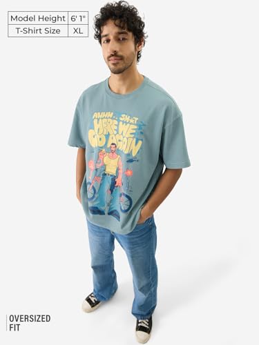 Image of The Souled Store Here We Go Again Men and Boys Short Sleeve Round Neck Green Graphic Printed Cotton Oversized T-Shirts