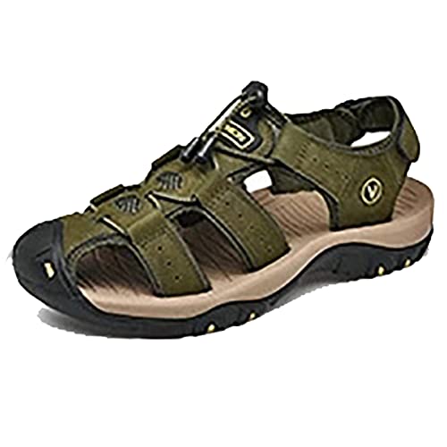 MILDSEVEN Hollow Out Men's Closed Toe Sandals, Fashion Real Leather Hiking Sandals, Large Size Backpacking Beach Shoes,7,Green