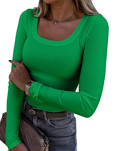 Image of Roselux Womens Long Sleeve Scoop Neck Ribbed Knit Fitted Casual Tops Tee Slim Basic Shirts