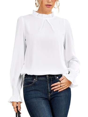 Rooscier Women's Frill Neck Flounce Long Sleeve Keyhole Back Office Blouse Top White Medium