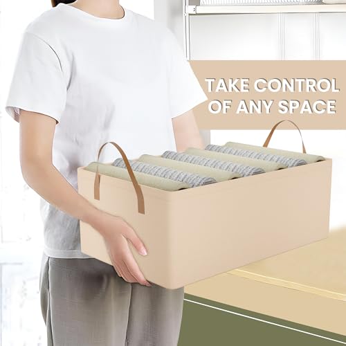 Image of Kuber Industries Pack of 4 Foldable Cloth Organizer for Storage with Steel Frame & Sturdy Handles | Space-Saving Dress Organizer Boxes for Cupboard, Shelves & Wardrobes | LJ-2-BG | Beige