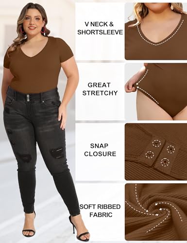 Image of COOTRY Plus Size Short Sleeve Bodysuits for Women V Neck Body Suit Tops Basic One Piece Bodysuit T Shirt