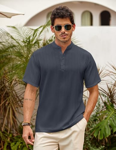 COOFANDY Men's Casual Short Sleeve Shirts Henley Shirt Band Collar Summer Beach Textured Shirts