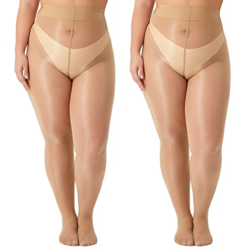 Yilanmy 2 Pairs Women's Plus Size Shiny Pantyhose 15D Sheer Shimmer Tights High Waist Oil Glossy Stocking Queen Size