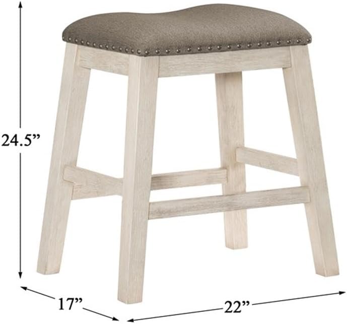 Pemberly Row 24" Wood Saddle Stools for Bar Table, Counter Height Backless Chairs with Upholstered Seat for Small Spaces, Farmhouse Pub Stools for Kitchen, Distressed White, Set of 2