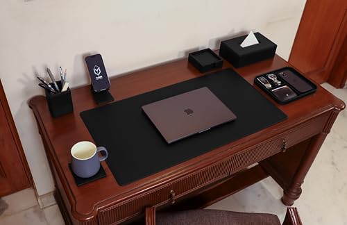 Image of V-CUBE Designs Premium Vegan Leather Executive Set of 6| Multipurpose Personal Desk Organizer| Desk Mat | Valet Tray| Tissue Holder | Pen Holder| Coaster | Mobile Stand for Office Table & Home - Black