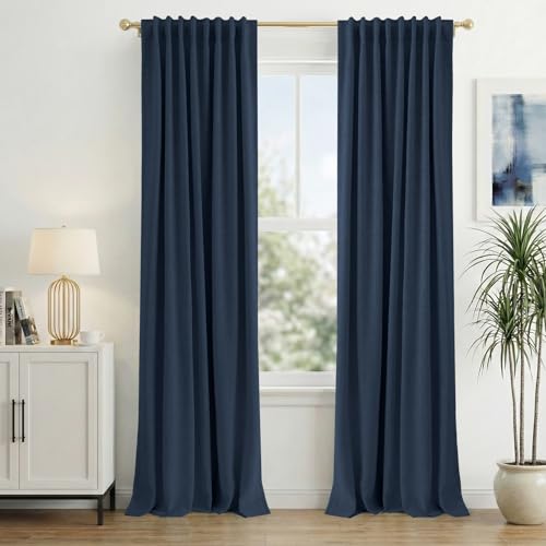 INOVADAY 100% Blackout Linen Curtains for Bedroom 50x84 Midnight Blue