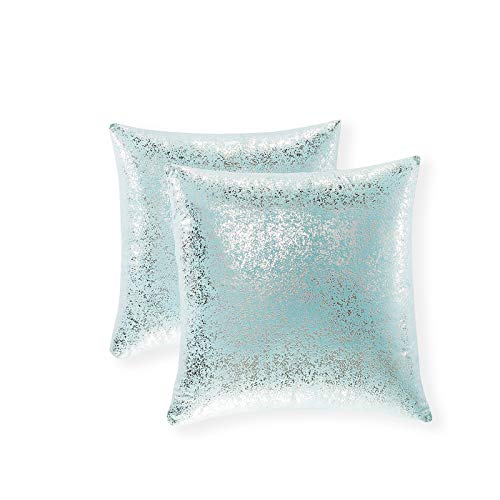 Xinrjojo Pack of 2, Shiny Cushion, Decorative Pillow Covers, Soft Square Throw Pillow Covers, Solid Cushion Covers, Pillow Cases for Sofa Bedroom Car 24 x 24 Inch (Silver- Lake Blue)