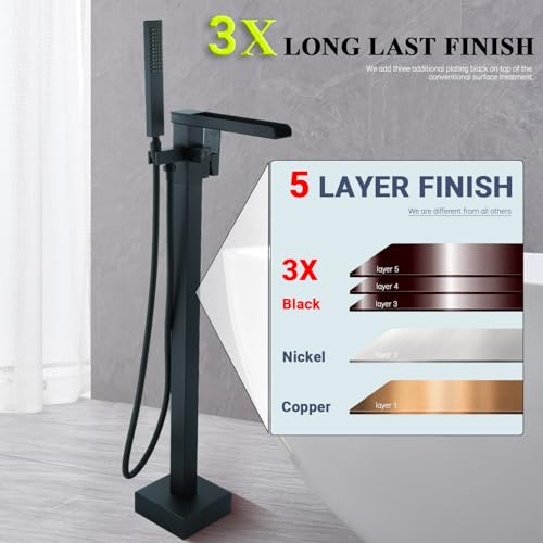 FBUKE Free Standing Tub Faucet Black, Floor Mount Freestanding Tub Faucets, Brass Stand Alone Tub Filler, Waterfall High Flow Bathtub Shower Mixer Tap,SFRT-MB by FBUKE - Used condition - Image 2