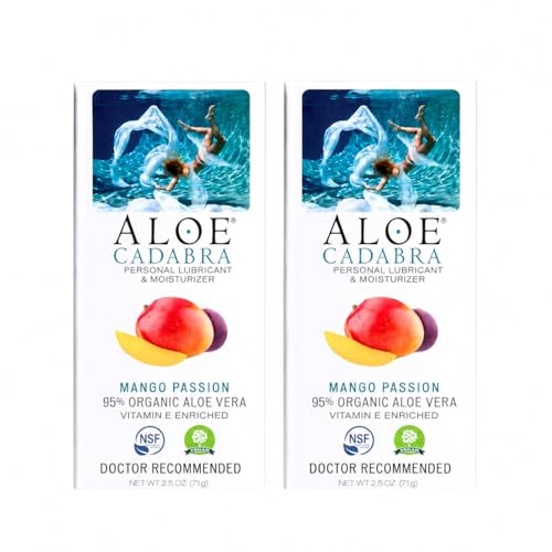 Aloe Cadabra Flavored Personal Lubricant & Vaginal Moisturizer, NSF Certified Organic Edible Aloe Lube for Men, Women & Couples, Non-Staining, pH Balanced, Toy Compatible (Mango Passion, 2.5oz 2 Pack)