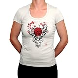 Sergent Tobogo Camiseta de un ciervo con madera que evoca ramas de cerezo japonés – Camiseta para mujer orgánica – Blanco, blanco, M