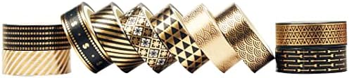 Grekywin 10 Rolls Washi Tape Set, 10 mm Wide, Black & Gold Decorative Pattern Foil Print, Masking Tape Décor for Scrapbook, Bullet Journal, Gift Wrapping (5m)