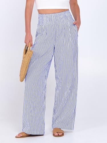 ANRABESS Womens Striped Gingham Palazzo Pants Wide Leg High Waisted Lounge Pajama Pants Cute Casual Trousers with Pockets Blue White Stripe Large
