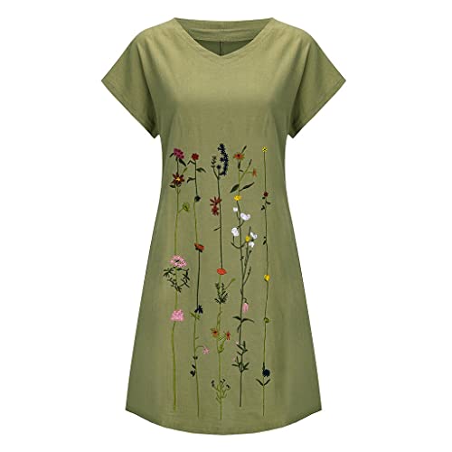 Generic CASUAL DRESS CLEARANCE SALE Womens Summer Cotton Linen Dresses Casual V Neck Short Sleeve Midi Dress Floral Embroidery Shirt Dress Plus Size S-5X Amazon Of Prime Big Deal Days Boho Clothes thumb #3