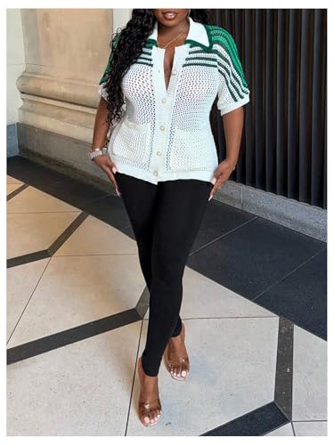 MakeMeChic Women's Colorblock Striped Hollow Out Crochet Cardigan Button Down Short Sleeve Knit Sweater4