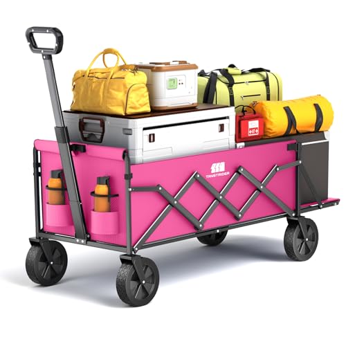 Collapsible Wagons Carts Foldable with Extended Tailgate, Folding Wagon Cart on Wheels, Portable Heavy Duty Shopping Carts for Groceries, Apartment, Garden, Camping, Sports, Outdoor (Pink)