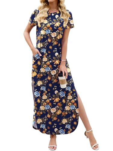 Image of Heymoments Womens Summer Maxi Dress Short Sleeve Casual Loose Long T Shirt Split Vacation Beach Sundress with Pockets