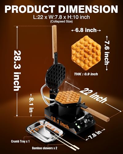 Image of PYY Bubble Waffle Maker - 1500W Commercial Egg Puff Waffle Iron, 122-482℉ Electric Stainless Steel, 180 Rotating, Non-Stick Coating, Wooden Handle & Crumb Tray, Hong Kong Round Cones