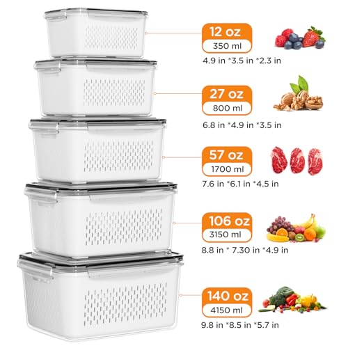 5-Pack Fruit Storage Containers for Fridge with Removable Colanders, 4 in 1 Produce Storage Containers with Lids, Leakproof Fridge Organizer Bins for Salad Berry Lettuce Vegetables Meat Keeper Fresh - Image 6