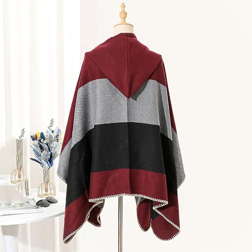 JOAU Women's Knit Color Block Hooded Shawl Wraps Open Front Travel Poncho Cape Warm Sweaters Blanket Casual Cardigan Top 5