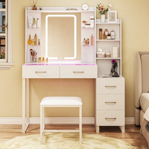 Image of HUAHUU Vanity Desk with Mirror and Lights, 43 inch Makeup Vanity with Glass Top & RGB Ambient Light, Vanity Table Set with 5 Drawers, Power Outlet & Chair for Girls Bedroom, White