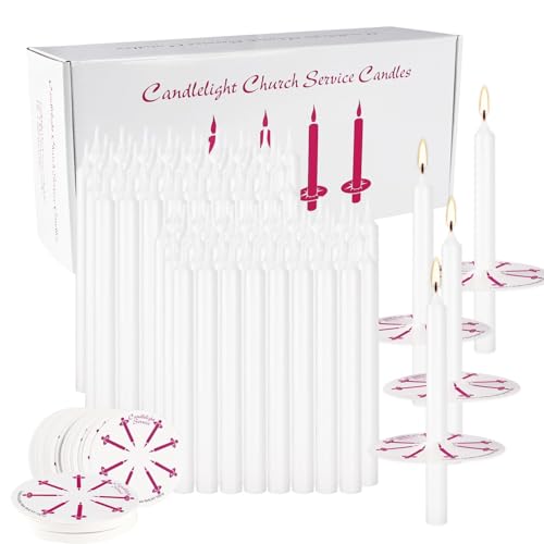 150 Pack Church Candles Bulk 5 Inch Unscented White Taper Candles with Drip Protectors Smokeless Prayer Candles for Vigil Memorial Services Shabbat and Religious Ceremonies