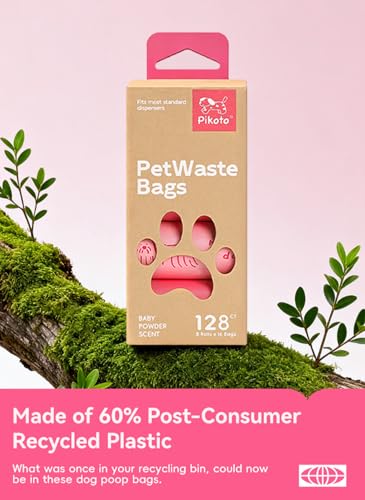Image of Dog Poop Bags, 128 Count, Baby Powder Scented, Pink | Baby Powder Scented, Extra Thick, 60% Recycled Plastic, Easy-Peel Sticker, 16 Bags Per Roll, Dual Pink Designs